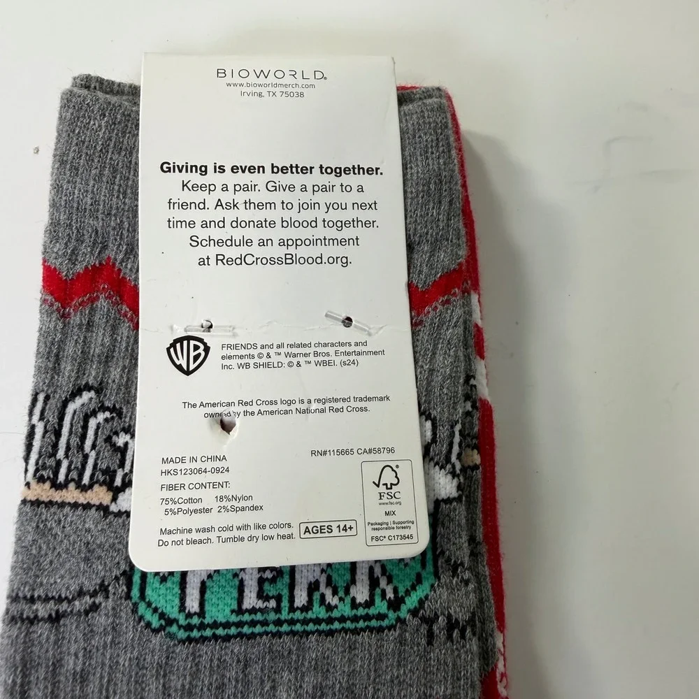 Friends TV‎ Show American Red Cross Socks 2 Pair Pack Turkey Grey Red Bioworld